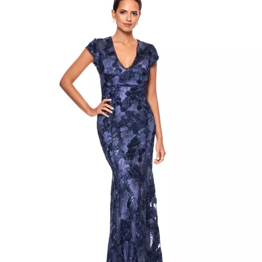 Betsy & Adam Women's Sequin Soutache V-Neck Mermaid Gown Navy Size 10